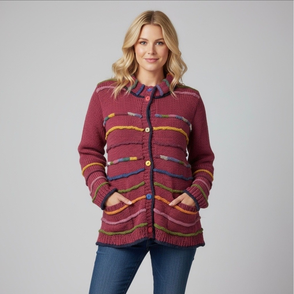 Amano Hand-Knit 100% Wool Women's Cardigan Jacket Rasberry - Size: M/L